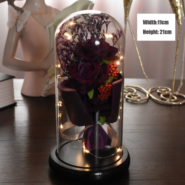 Eternal Red Rose With LED Light In Glass Dome For Wedding  Party  Gift