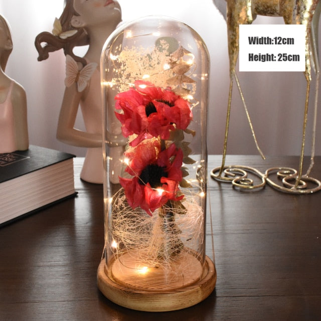 Eternal Red Rose With LED Light In Glass Dome For Wedding  Party  Gift