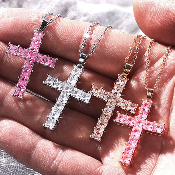 Fashion Shiny Cross Necklace Pink Silver Color Crystal Pendant Necklace