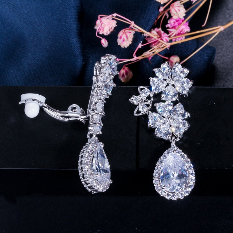 Zircons Elegant Flower Cubic Zirconia Crystal Clip On Earings