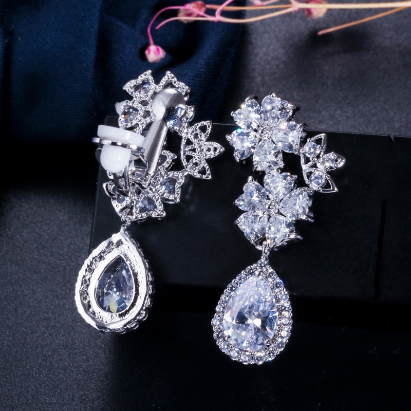 Zircons Elegant Flower Cubic Zirconia Crystal Clip On Earings