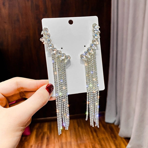 1Pair Fashion Crystal Ear Cuffs Long Tassel Ear Cuff Clip Earrings For Women