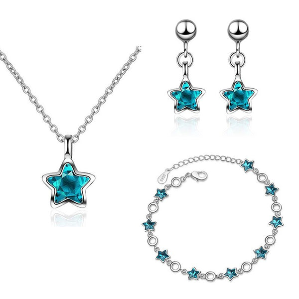 Silver Color  New Design Blue Crystal Little Star Jewelry Sets