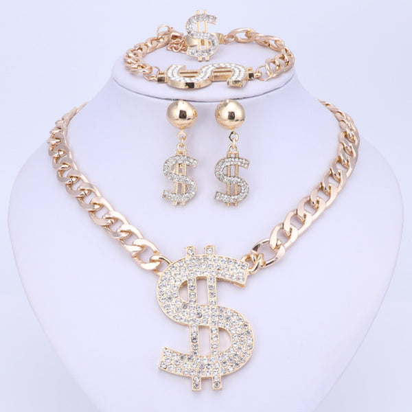 Gold Color Hip Hop Bling Bling Dollar Sign Pendant Jewelry Set