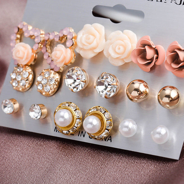 12/ 9 Pairs/Set Pearl Crystal Studs Earrings