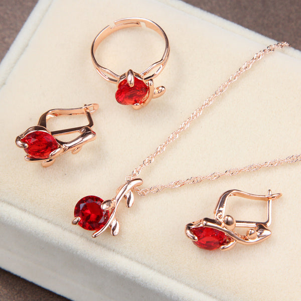 Charm red Crystal Round Pendant Necklaces Earrings Sets