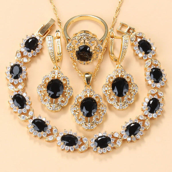 Gold-Plated Black Zirconia Earring Necklace And Bracelet Ring Gift Set