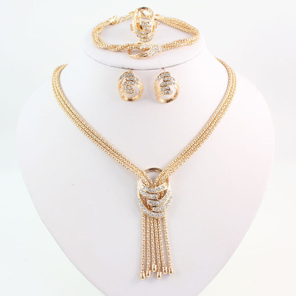 Party Gold Color Crystal Necklace Bangle Earring Ring Jewelry Sets