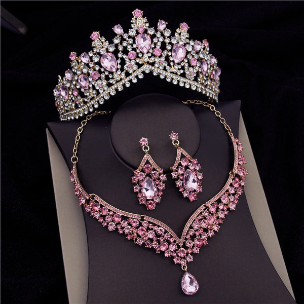 Gorgeous Pink Crystal Tiaras Bridal Jewelry Sets