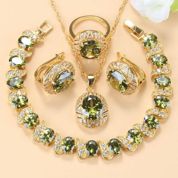 Olive Green Zirconia Clip Earrings Necklace And Ring Bridal Jewelry Sets