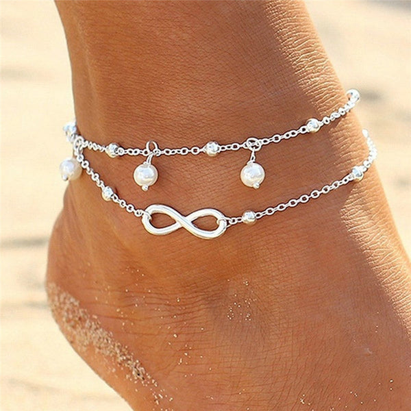 2pcs Silver Gold Double Chain Charm Tassel Anklet