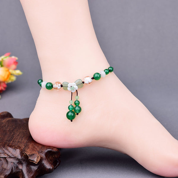 Natural Shell Flower Green Onyx Pendant Adjustable Size Anklets