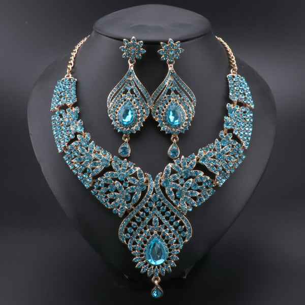 Luxury Blue Crystal Earrings Necklace Bridal Wedding Jewelry Set