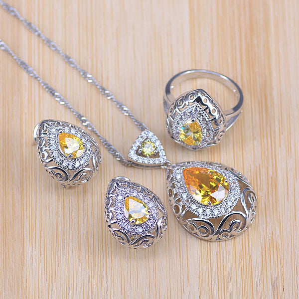 Yellow Cubic Zirconia earrings ring neckace set