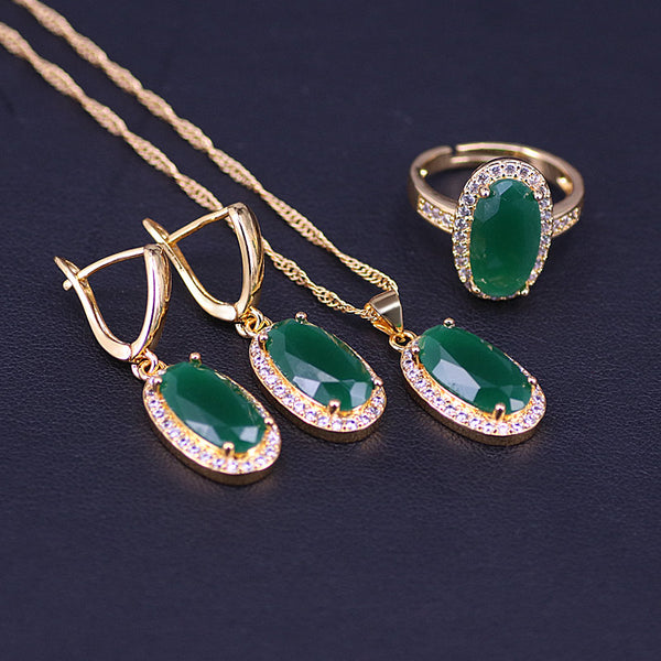 Malay Zircon Adjustable Ring Necklace Earrings Set