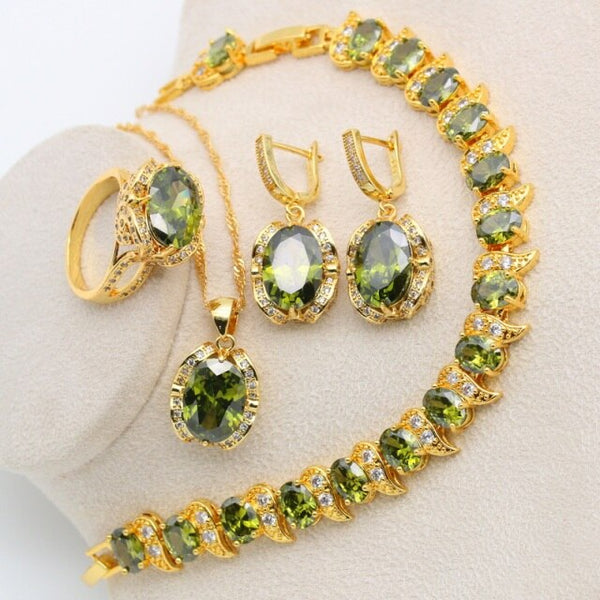 Olive Green Zircon Silver Color Jewelry Set