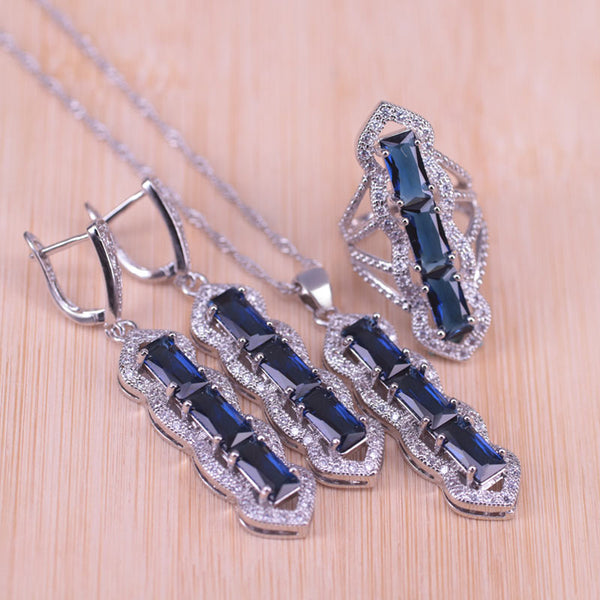 Blue Cubic Zircon White Crystal Silver Color Jewelry Set