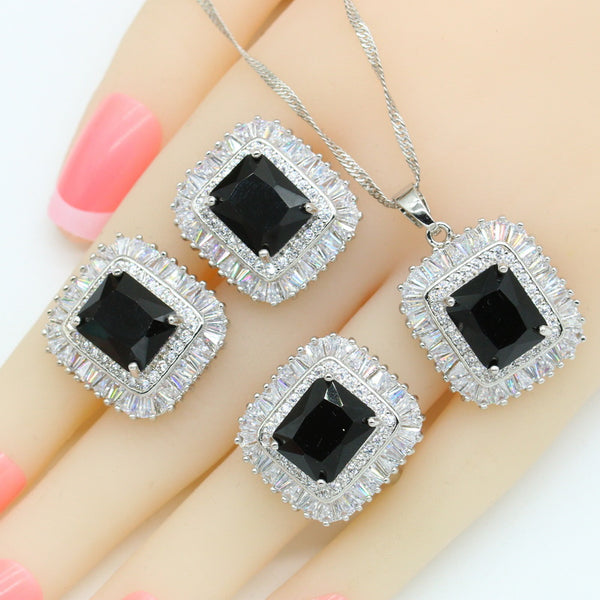 Black Stones Silver Color Bridal Jewelry Sets For Women