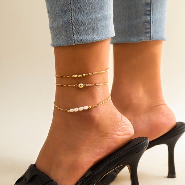 3Pcs Bohemia Gold Color Chain Ball Ankle Bracelet