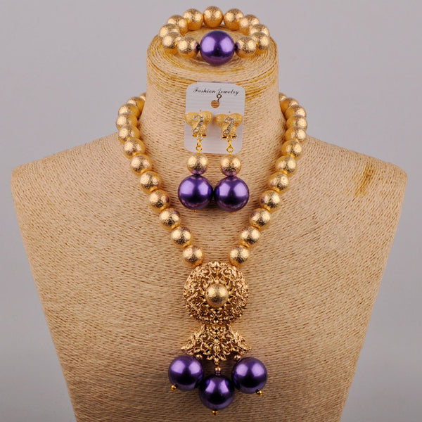 Fashion Purple Glass Pearl Necklace African Wedding Jewelry Set