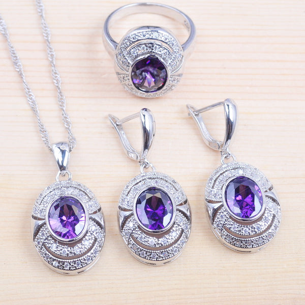 Purple Crystal Pendants Necklace Earring Ring Jewelry Set