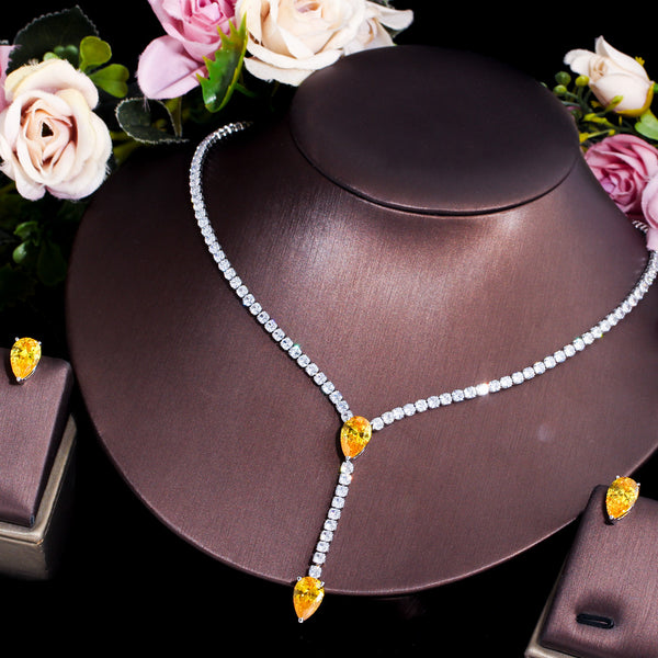 Yellow Water Drop Cubic Zircon Women Evening Party  Jewelry Sets