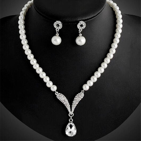 Crystal Imitation Pearls White Chain Rhinestone Necklace Earrings Jewelry Set