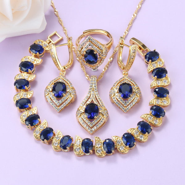 Natural Stone CZ Blue Earrings And Necklace Bridal Sets