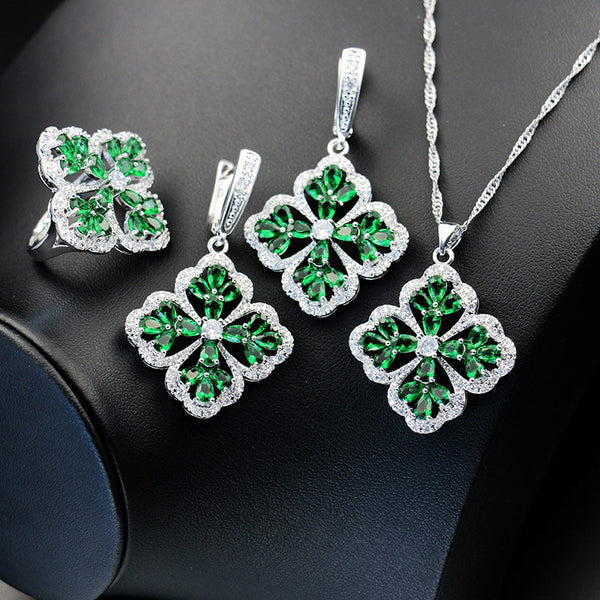 Shiny CZ Big Lucky Leaf Many Colors  Silver Color Jewelry Set