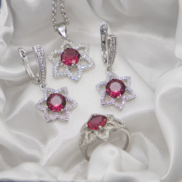 Rose Red Zircon Silver Color Jewelry Earring Ring Necklace Set