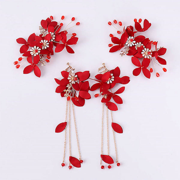 Red Flower Crystal Hair Pins Headband Jewelry Sets