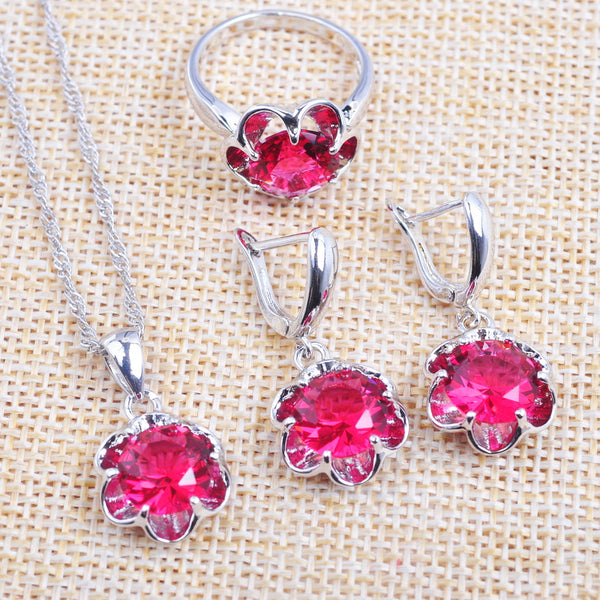 Silver Color Rose Red Crystal Pendant Earrings Rings Russian Style Jewelry Set