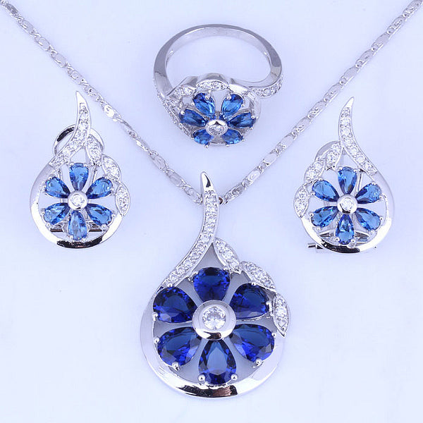 Blue Crystal  Cubic Zirconia Silver Color Jewelry Sets