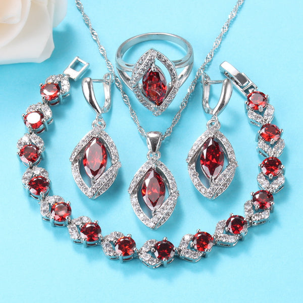 Red Garnet Earrings With Necklace Bracelet And Ring Sets