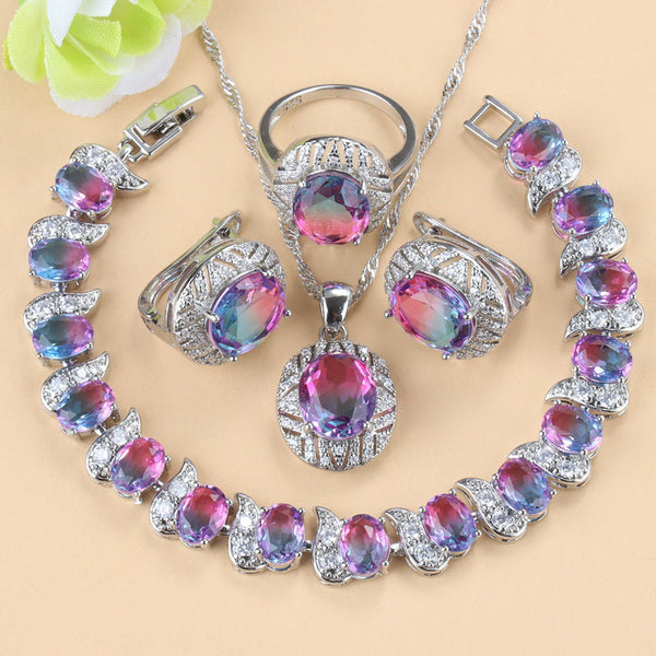 Colorful Zircon Necklace And Clip Earrings Wedding Jewelry Sets