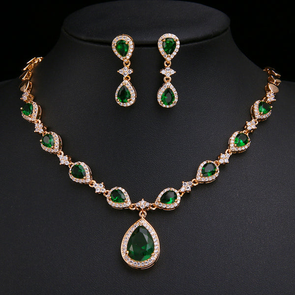 Trendy Style  Gold Green Water Drop Zirconia Bride Wedding Jewelry Set