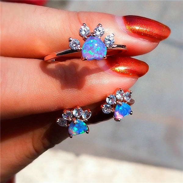 Blue Opal Heart Stone Rings Earrings For Women Dainty Cat Paw Jewelry Sets