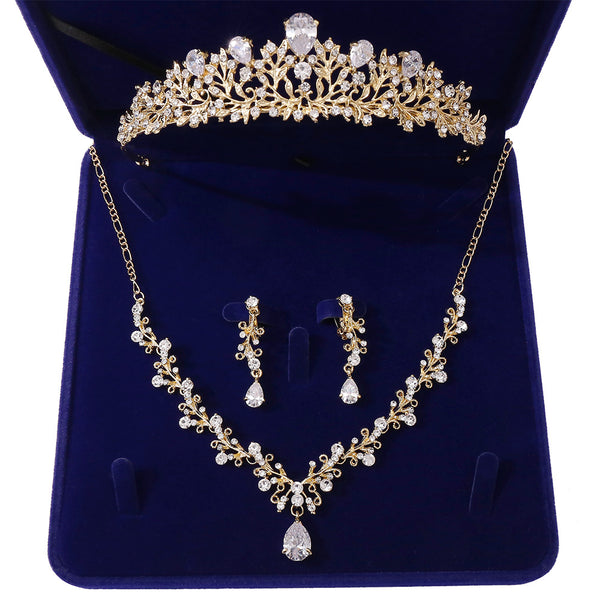 Trendy Gold Crystal Zircon Tiaras And Crown Necklace Earrings Sets