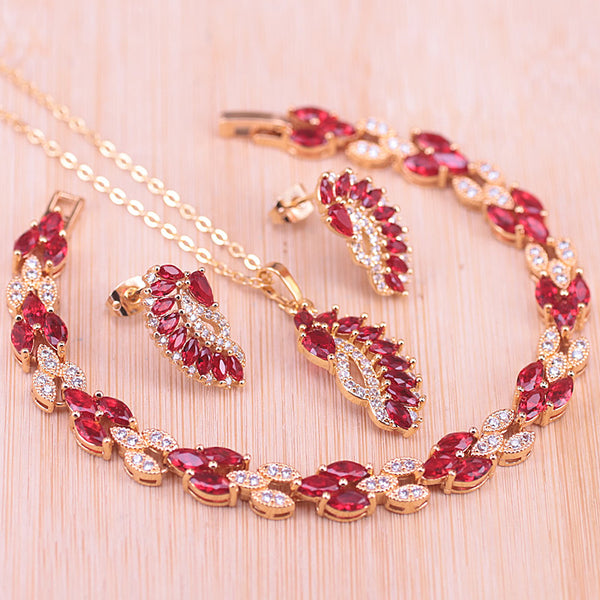 Many Colors Red Stone Marquise Gold Color Jewelry Set