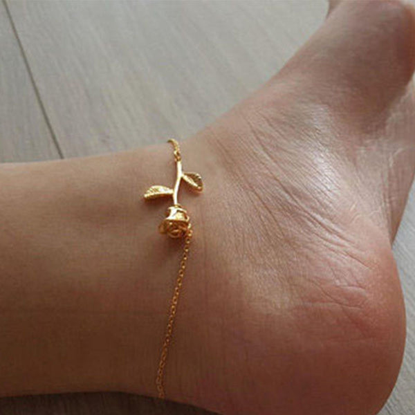 New Simple Gold Color Rose Flower Chain Anklets