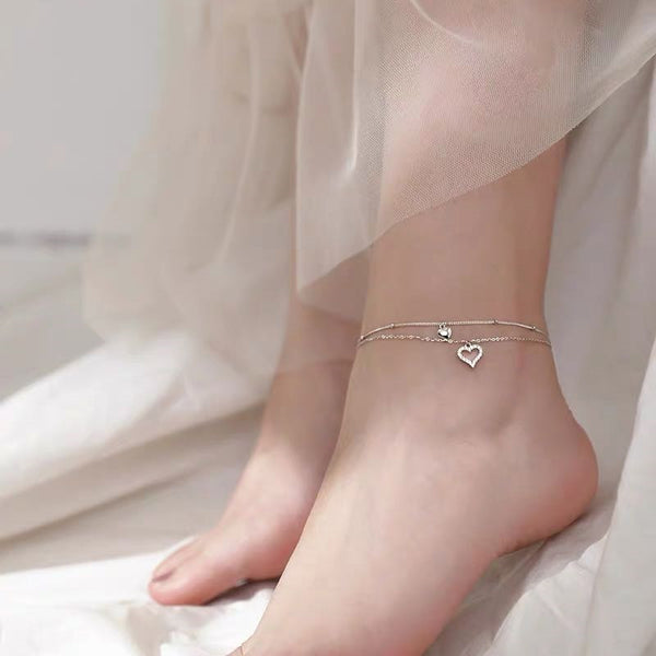 Double Layer Love Heart Anklet Bracelet Silver Color Cubic Zircon Anklet