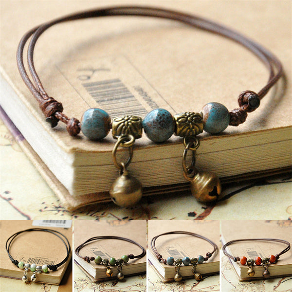 Blue Ceramic Brown Rope Anklet Women Girls Hand-Woven Beaded Anklets