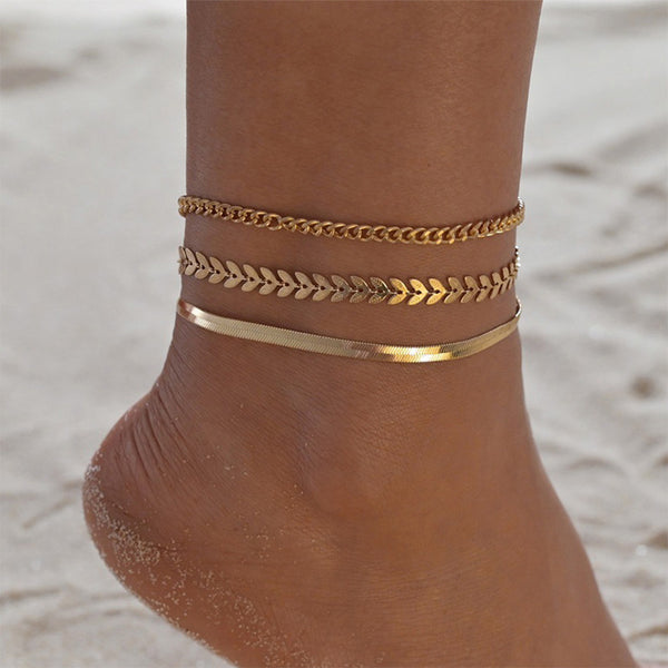 New 3pcs/set Gold Color Simple Chain Anklets For Women