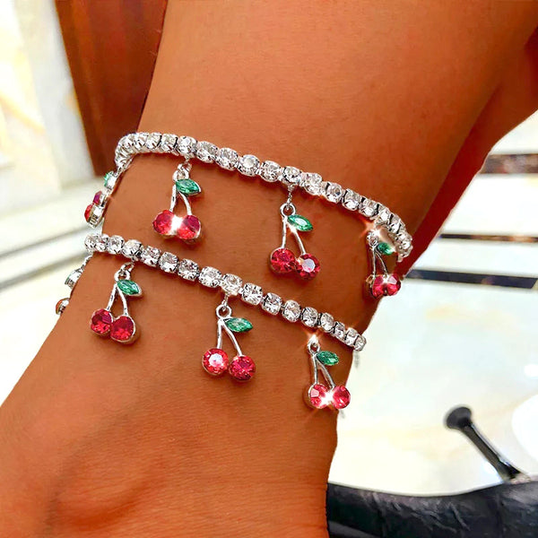 New Fashion Red Cherry Tassel Tennis Chain Anklet For Women