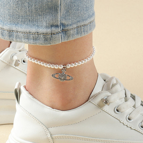 Korean Fashion Ins Pearl Planet Pendant Anklet