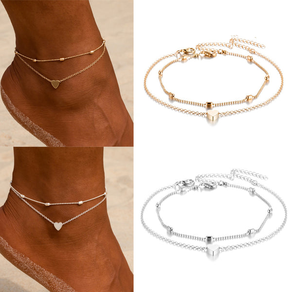 Fashion Gold Silver Color Beads Heart Anklet For Women