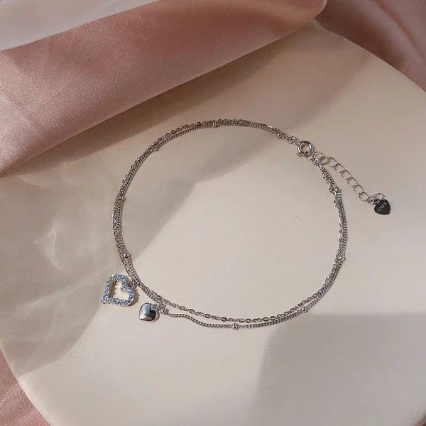 Silver Color Double Layer Love Heart Anklet Bracelet