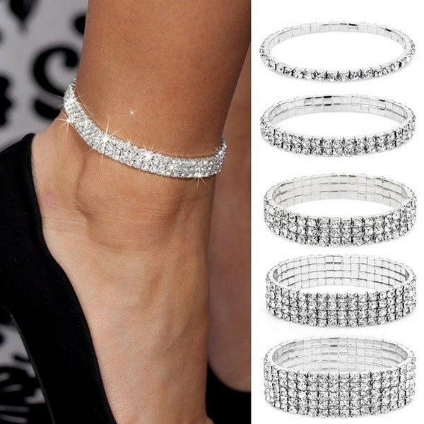 Sexy Woman Diamond Multilayer Elastic Crystal Silver Ankle Chain