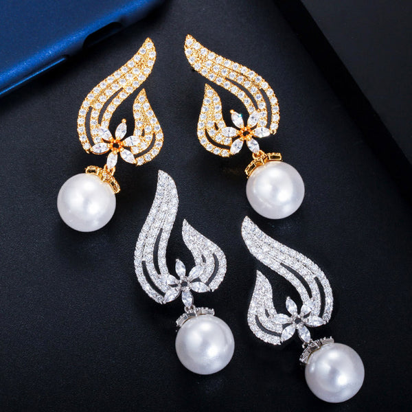 Vintage Women Yellow Gold Color Ear Jewelry Big Cubic Zirconia Stone Pearl Drop Long Earrings