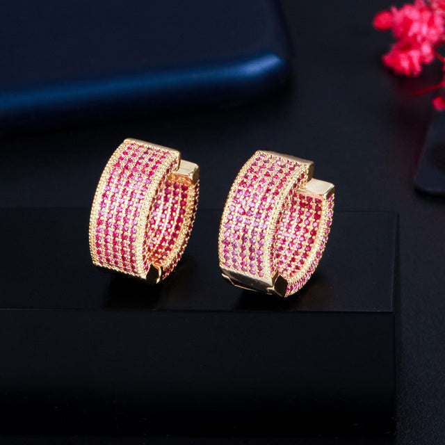 Trendy Micro Full Multicolor CZ Pave Golden Color Circle Hoop Earrings